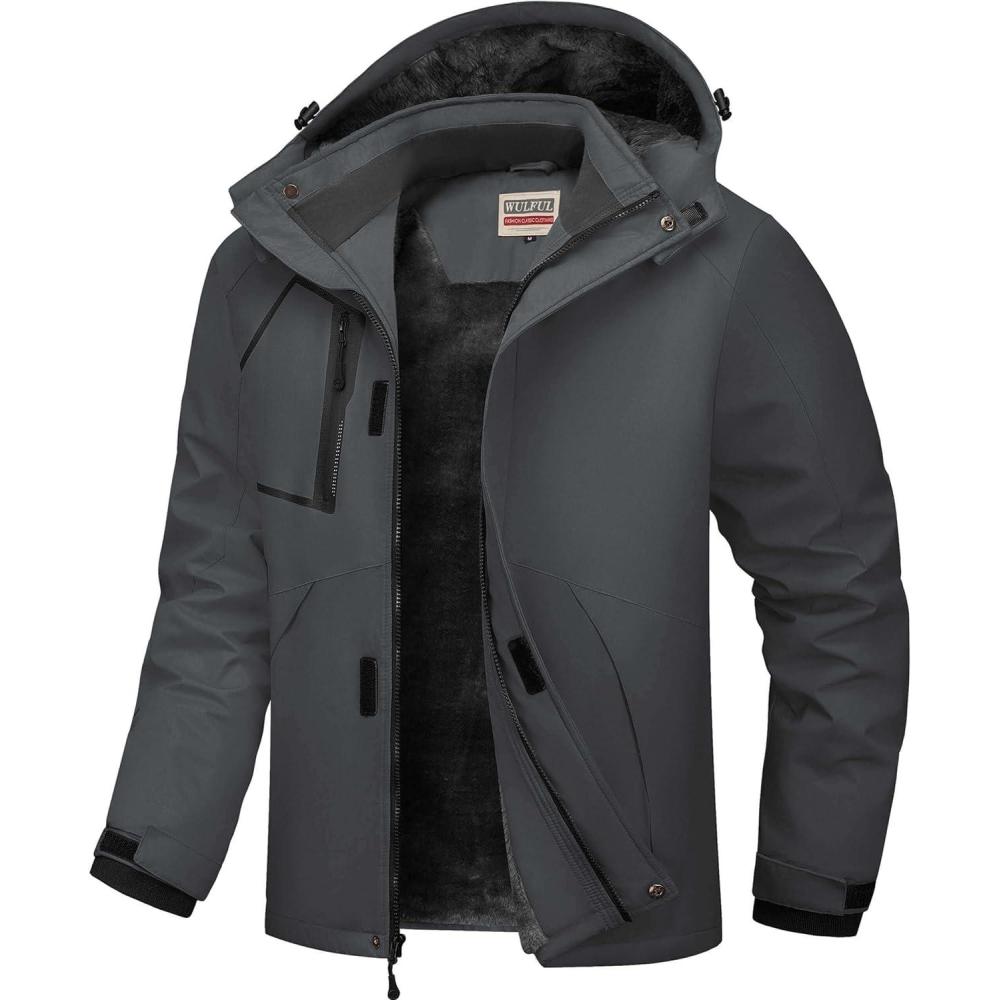 imageWULFUL Mens Waterproof Ski Jacket Warm Winter Coats Windproof Winter Jackets for Men Fleece Lined Windbreaker with HoodDark Grey