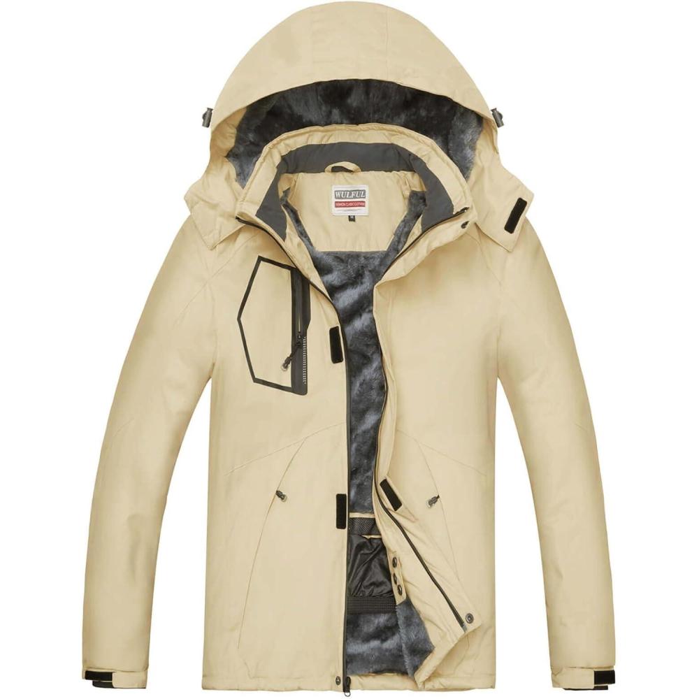 imageWULFUL Mens Waterproof Ski Jacket Warm Winter Coats Windproof Winter Jackets for Men Fleece Lined Windbreaker with HoodKhaki