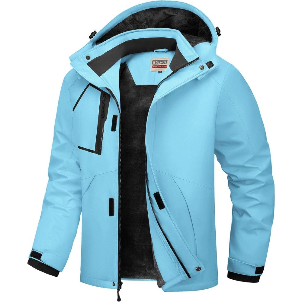 imageWULFUL Mens Waterproof Ski Jacket Warm Winter Coats Windproof Winter Jackets for Men Fleece Lined Windbreaker with HoodLake Blue