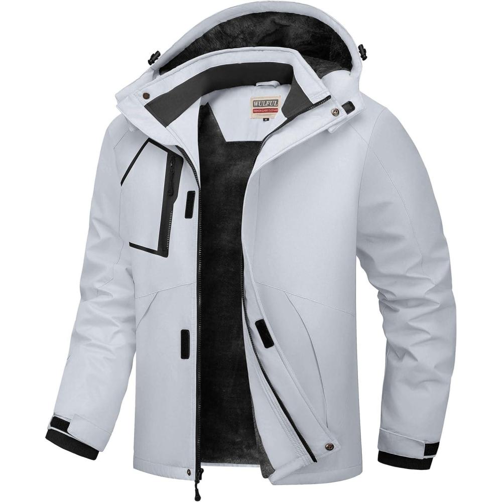 imageWULFUL Mens Waterproof Ski Jacket Warm Winter Coats Windproof Winter Jackets for Men Fleece Lined Windbreaker with HoodLight Grey