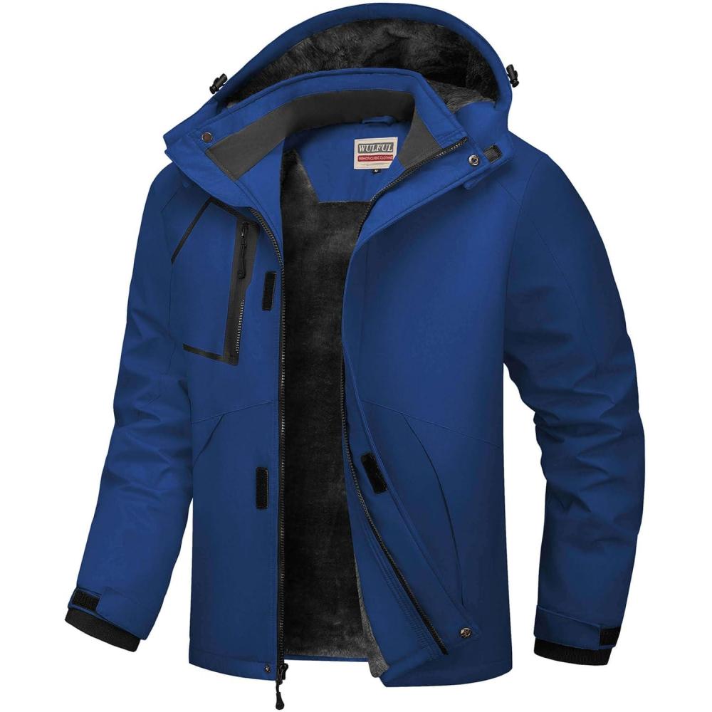 imageWULFUL Mens Waterproof Ski Jacket Warm Winter Coats Windproof Winter Jackets for Men Fleece Lined Windbreaker with HoodLight Navy Blue