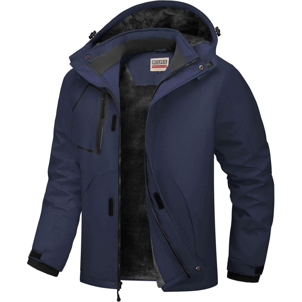 imageWULFUL Mens Waterproof Ski Jacket Warm Winter Coats Windproof Winter Jackets for Men Fleece Lined Windbreaker with HoodNavy Blue