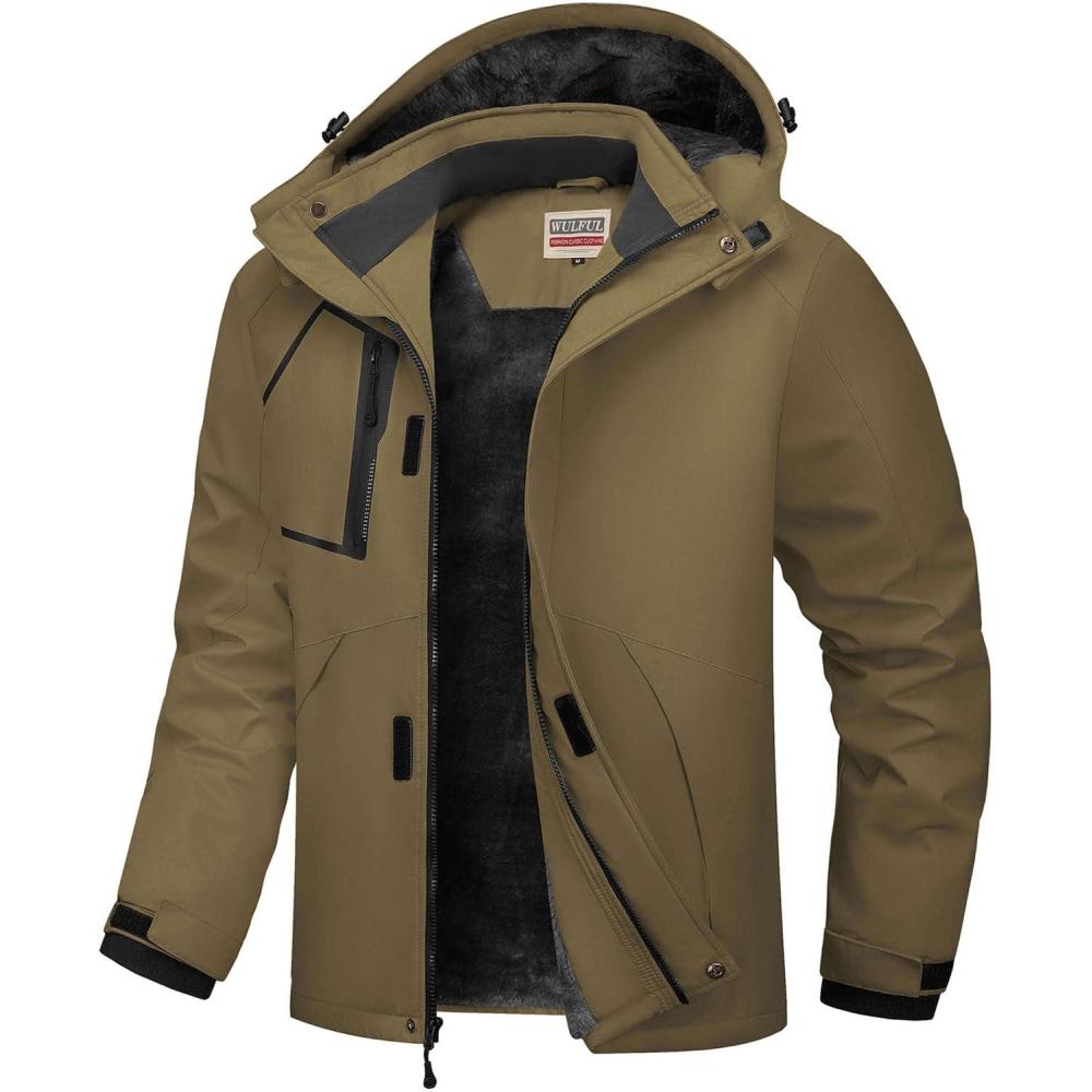 imageWULFUL Mens Waterproof Ski Jacket Warm Winter Coats Windproof Winter Jackets for Men Fleece Lined Windbreaker with HoodOlive Brown