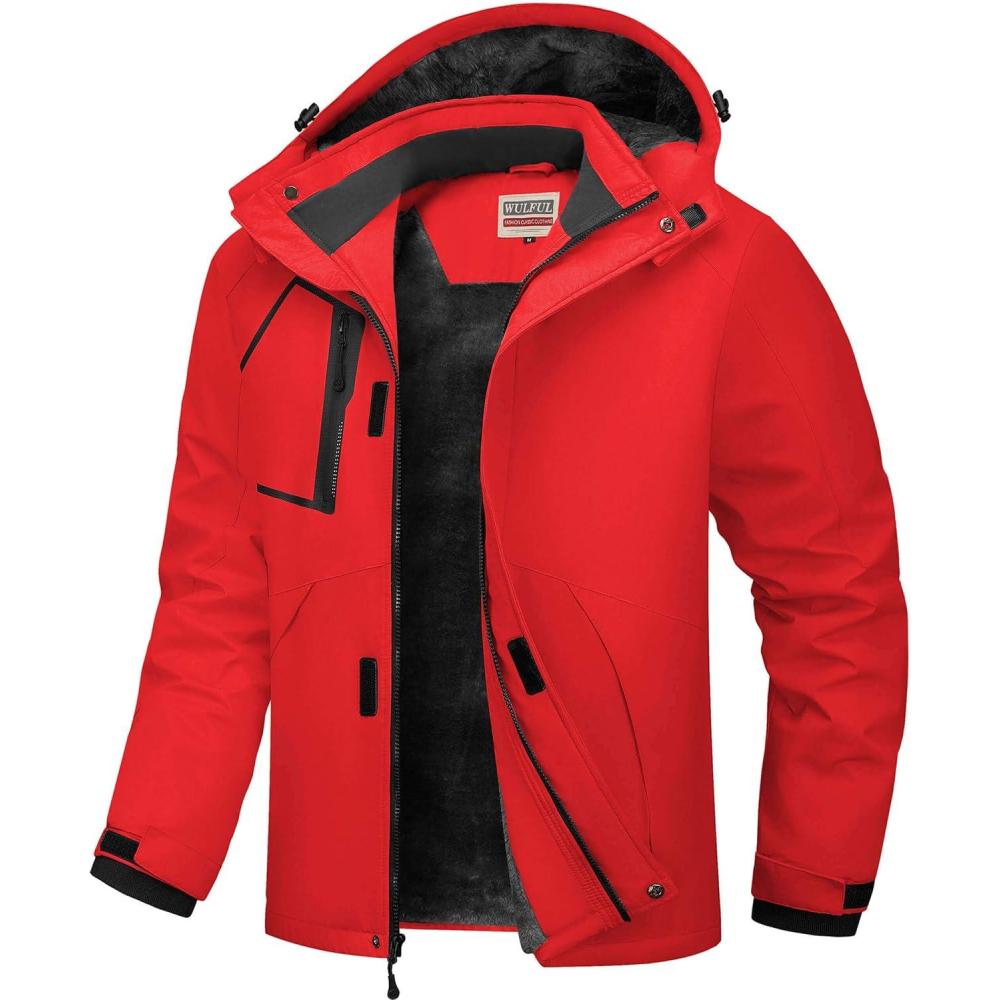 imageWULFUL Mens Waterproof Ski Jacket Warm Winter Coats Windproof Winter Jackets for Men Fleece Lined Windbreaker with HoodRed