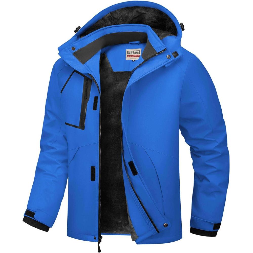 imageWULFUL Mens Waterproof Ski Jacket Warm Winter Coats Windproof Winter Jackets for Men Fleece Lined Windbreaker with HoodRoyal Blue