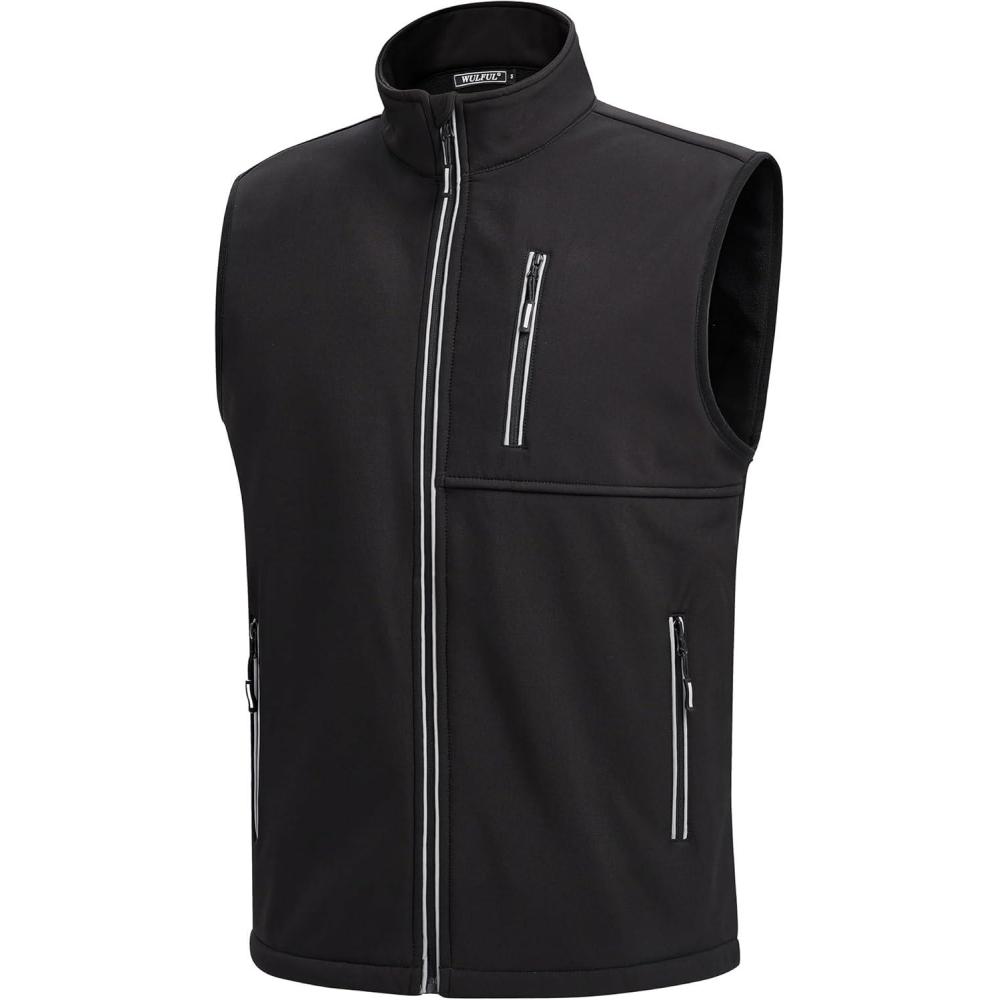 imageWULFUL Mens Windproof Lightweight Golf Vest Outerwear with Pockets Softshell Sleeveless Jacket for Travel Hiking RunningBlack