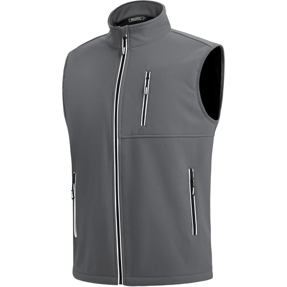 imageWULFUL Mens Windproof Lightweight Golf Vest Outerwear with Pockets Softshell Sleeveless Jacket for Travel Hiking RunningDark Grey