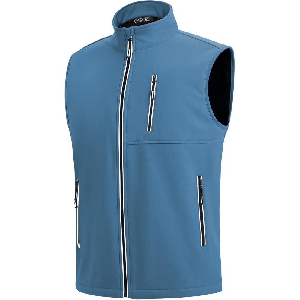 imageWULFUL Mens Windproof Lightweight Golf Vest Outerwear with Pockets Softshell Sleeveless Jacket for Travel Hiking RunningLake Blue