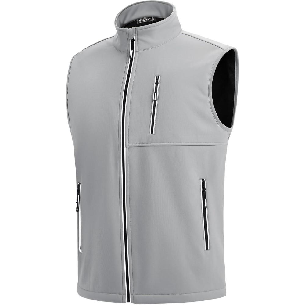 imageWULFUL Mens Windproof Lightweight Golf Vest Outerwear with Pockets Softshell Sleeveless Jacket for Travel Hiking RunningLight Grey