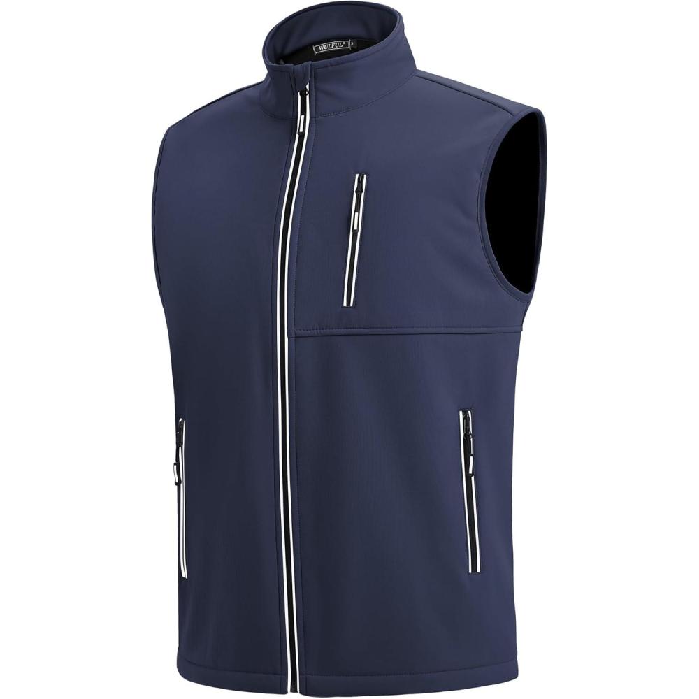 imageWULFUL Mens Windproof Lightweight Golf Vest Outerwear with Pockets Softshell Sleeveless Jacket for Travel Hiking RunningNavy