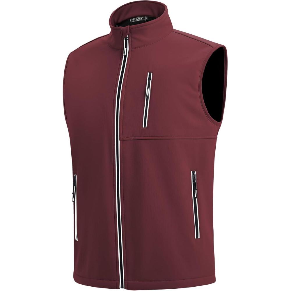 imageWULFUL Mens Windproof Lightweight Golf Vest Outerwear with Pockets Softshell Sleeveless Jacket for Travel Hiking RunningWind Red