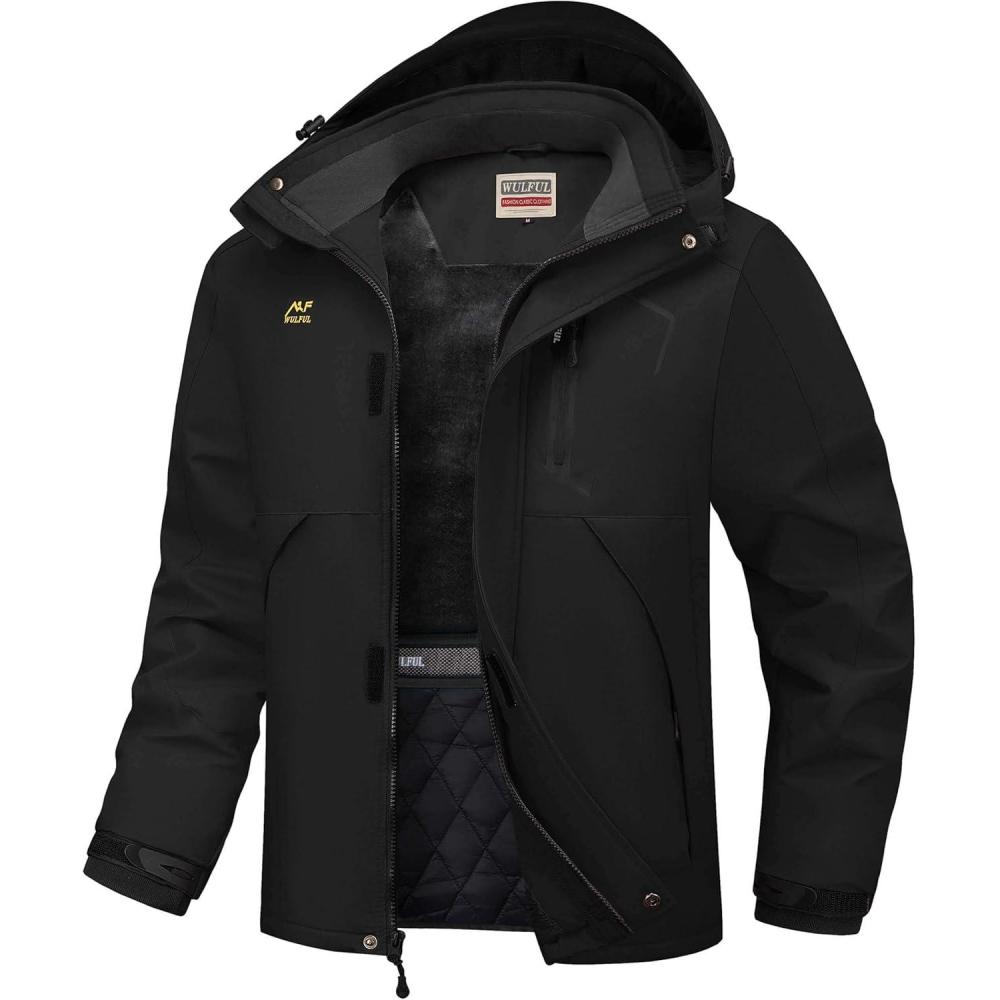 imageWULFUL Mens Winter Coats Waterproof Ski Jacket Warm Windproof Winter Windbreaker Jackets for Men with HoodBlack0047