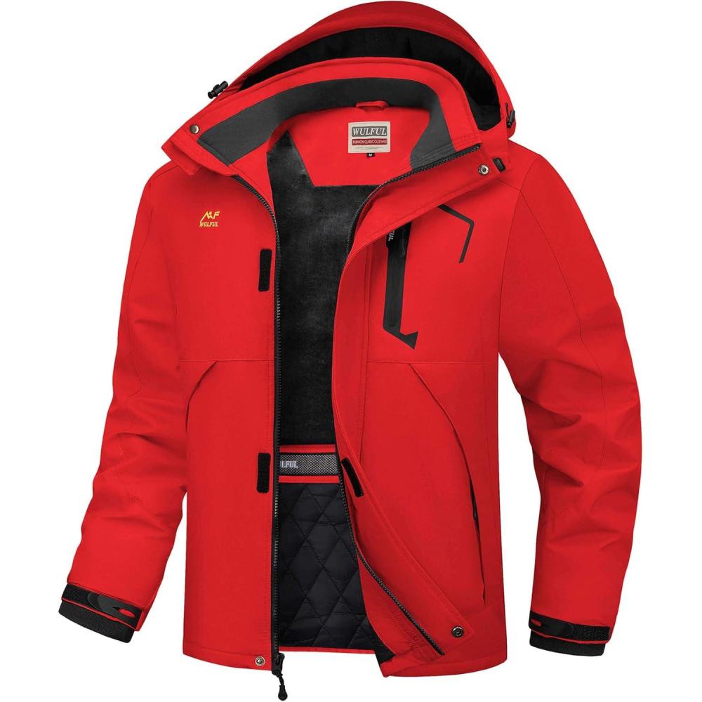 imageWULFUL Mens Winter Coats Waterproof Ski Jacket Warm Windproof Winter Windbreaker Jackets for Men with HoodRed0047