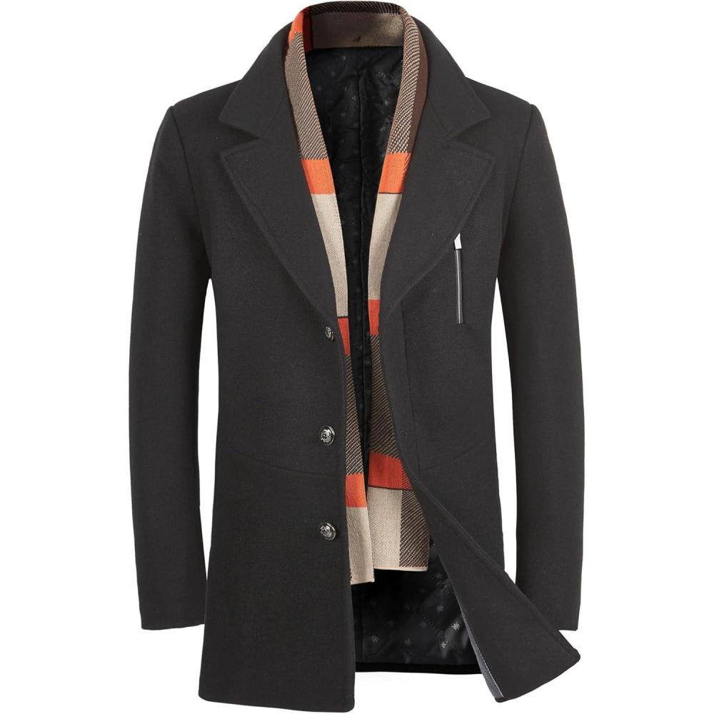 imageWULFUL Mens Wool Blend Winter Coat Slim Fit Short Trenchcoat Warm Business Jacket with Detachable Soft Wool ScarfBlack 01