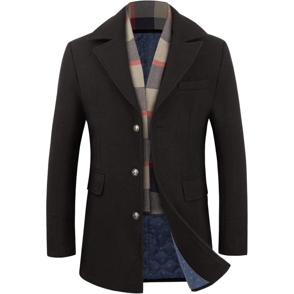 imageWULFUL Mens Wool Blend Winter Coat Slim Fit Short Trenchcoat Warm Business Jacket with Detachable Soft Wool ScarfBlack 02