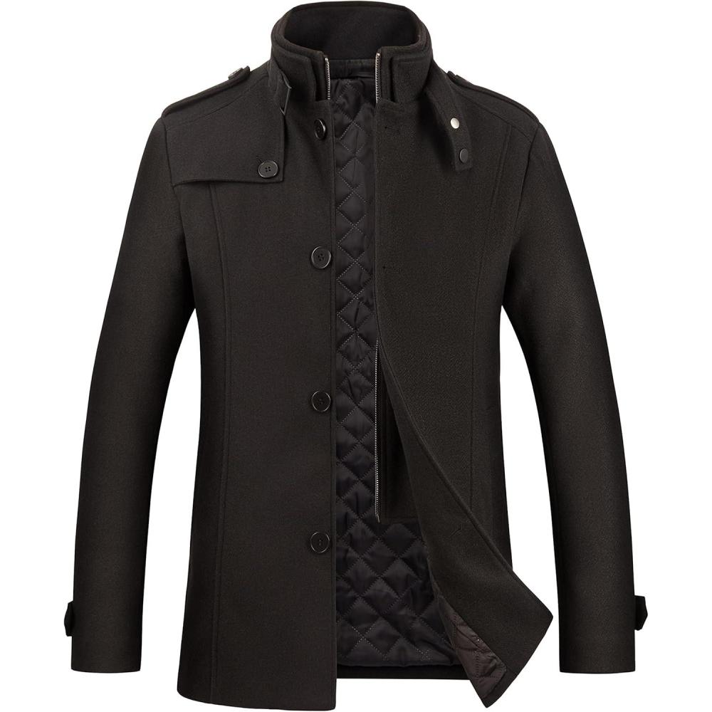 imageWULFUL Mens Wool Blend Winter Coat Slim Fit Short Trenchcoat Warm Business Jacket with Detachable Soft Wool ScarfBlack037