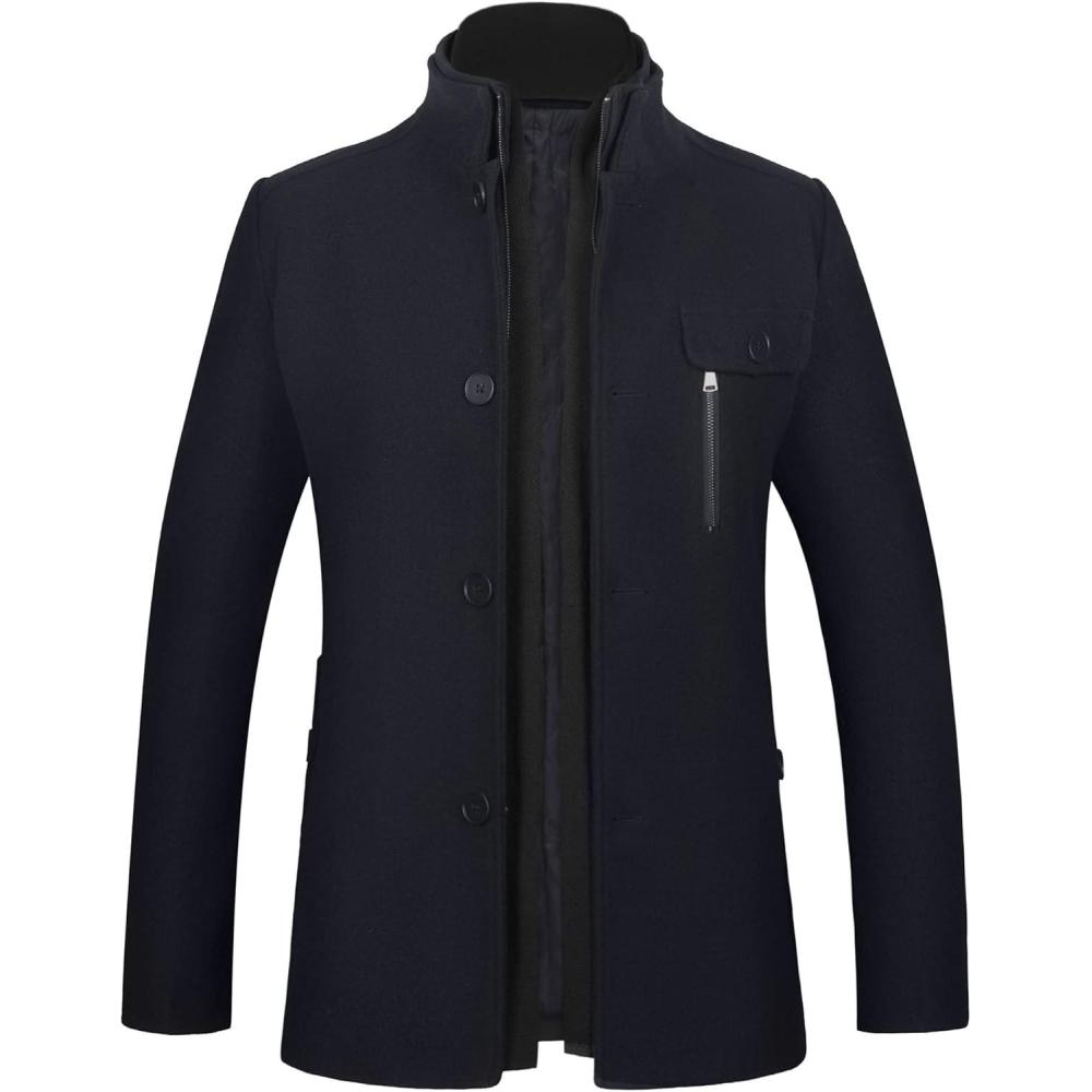 imageWULFUL Mens Wool Blend Winter Coat Slim Fit Short Trenchcoat Warm Business Jacket with Detachable Soft Wool ScarfBlack1718