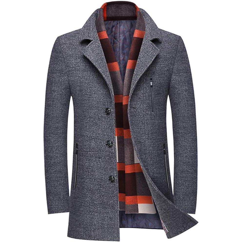 imageWULFUL Mens Wool Blend Winter Coat Slim Fit Short Trenchcoat Warm Business Jacket with Detachable Soft Wool ScarfGrey 01
