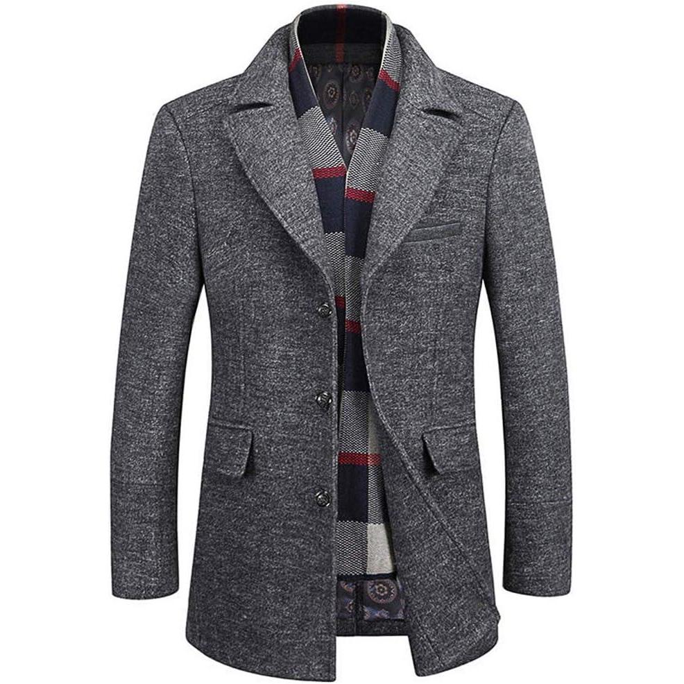 imageWULFUL Mens Wool Blend Winter Coat Slim Fit Short Trenchcoat Warm Business Jacket with Detachable Soft Wool ScarfGrey 02