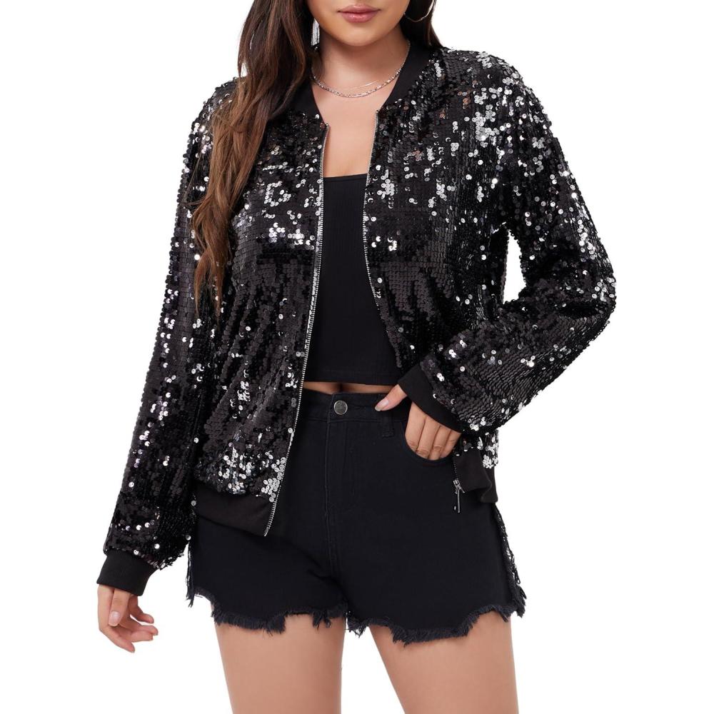 imageWULFUL Womens Sequin Jackets Sparkly Glitter Long Sleeve Front Zip Bomber Blazers Party CostumeBlacksilver