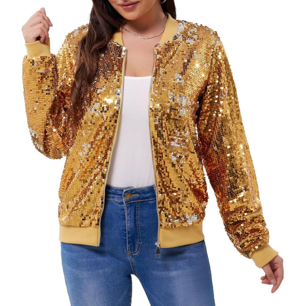 imageWULFUL Womens Sequin Jackets Sparkly Glitter Long Sleeve Front Zip Bomber Blazers Party CostumeGoldsliver