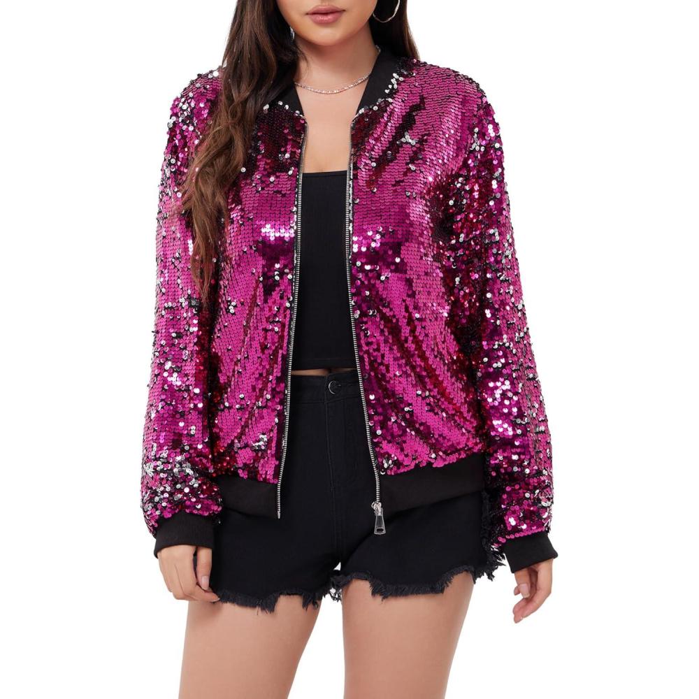 imageWULFUL Womens Sequin Jackets Sparkly Glitter Long Sleeve Front Zip Bomber Blazers Party CostumeRose Red
