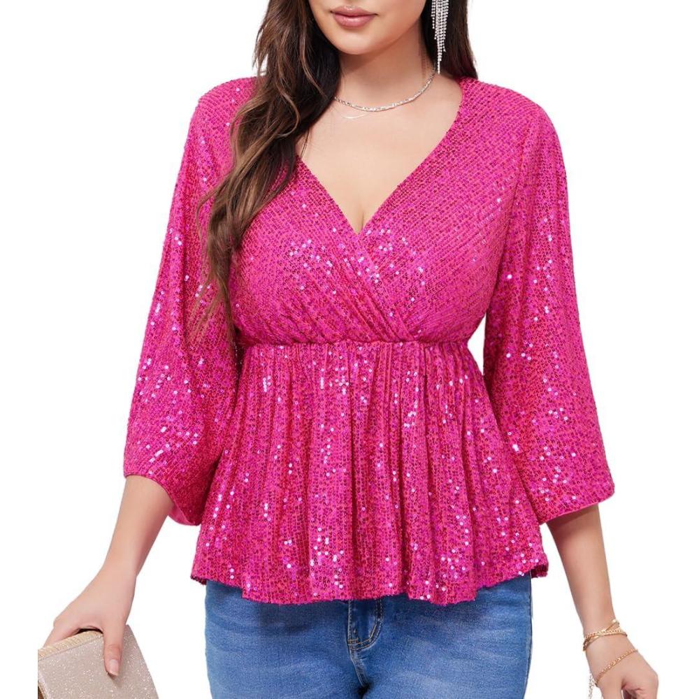 imageWULFUL Womens Sequin Tops Sparkly VNeck Split 34 Sleeve Wrap Peplum Top Party Club Night Out Disco Cocktail ShirtsRose Red