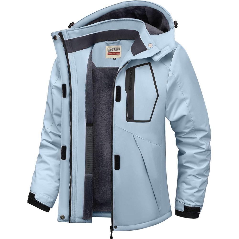 imageWULFUL Womens Waterproof Ski Jacket Warm Winter Coats Windproof Winter Jackets for Women Fleece Lined Windbreaker with HoodLight Blue New