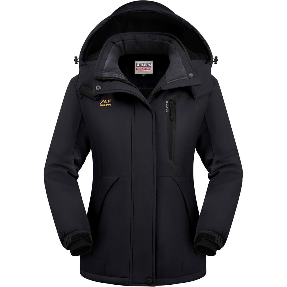 imageWULFUL Womens Waterproof Snow Ski Jacket Mountain Windproof Winter Coat with Detachable HoodBlack