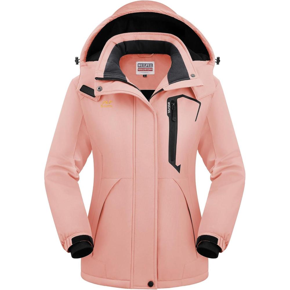imageWULFUL Womens Waterproof Snow Ski Jacket Mountain Windproof Winter Coat with Detachable HoodPink New