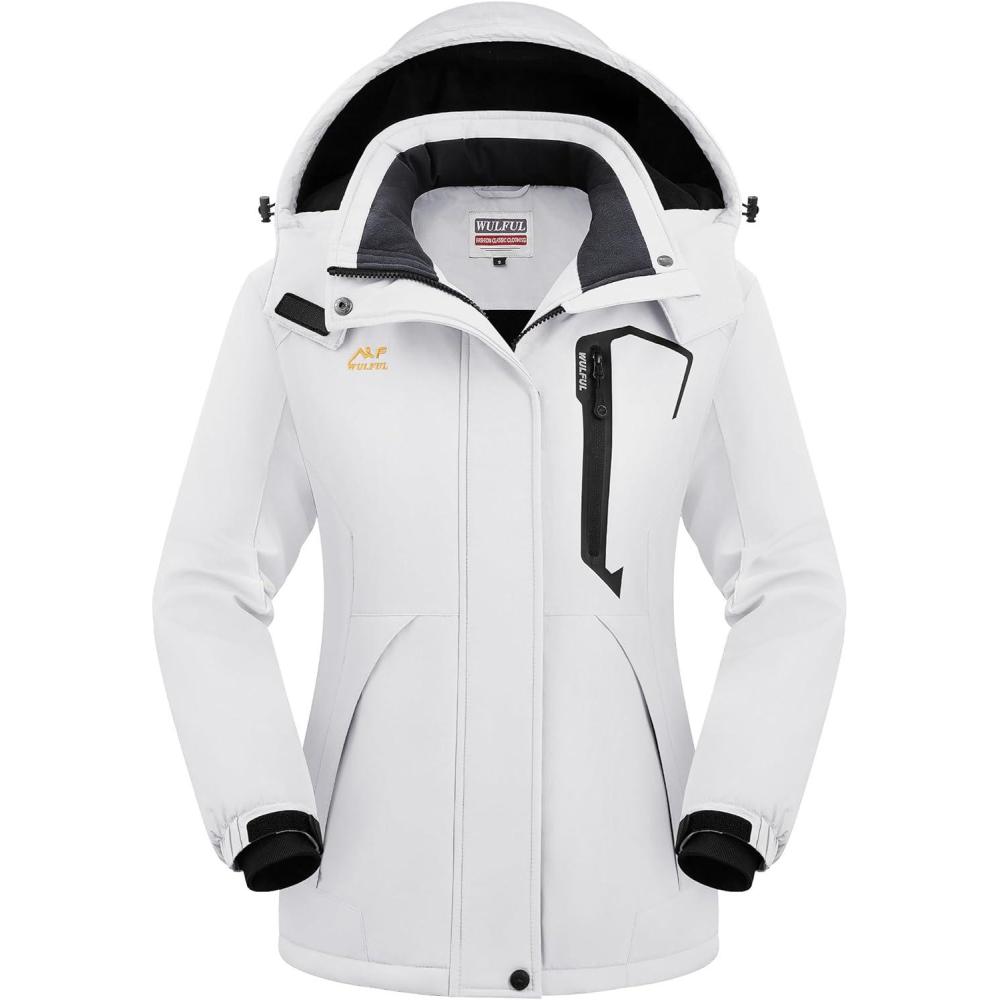 imageWULFUL Womens Waterproof Snow Ski Jacket Mountain Windproof Winter Coat with Detachable HoodWhite