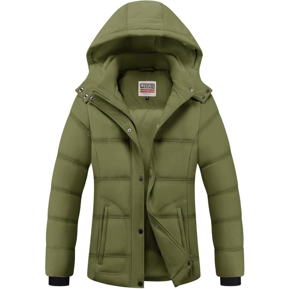 imageWULFUL Womens Winter Coats Lightweight Warm Thicken Puffer Jacket Waterproof Quilted Winter Jackets with Removable HoodArmy Green