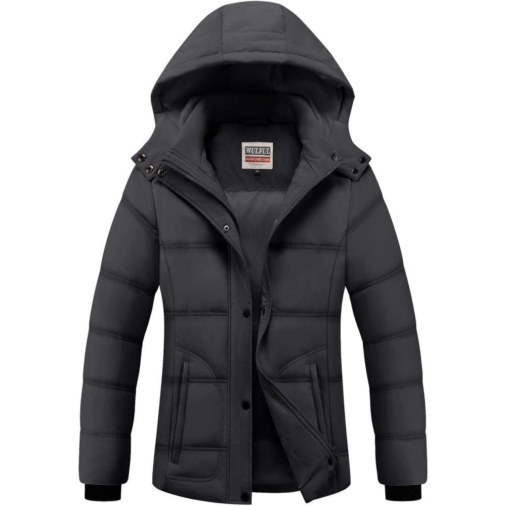 imageWULFUL Womens Winter Coats Lightweight Warm Thicken Puffer Jacket Waterproof Quilted Winter Jackets with Removable HoodDark Grey