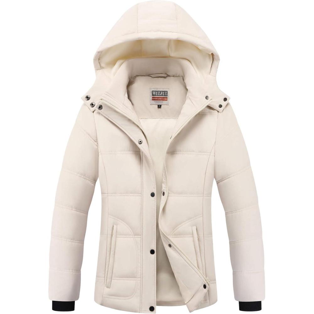 imageWULFUL Womens Winter Coats Lightweight Warm Thicken Puffer Jacket Waterproof Quilted Winter Jackets with Removable HoodKhaki