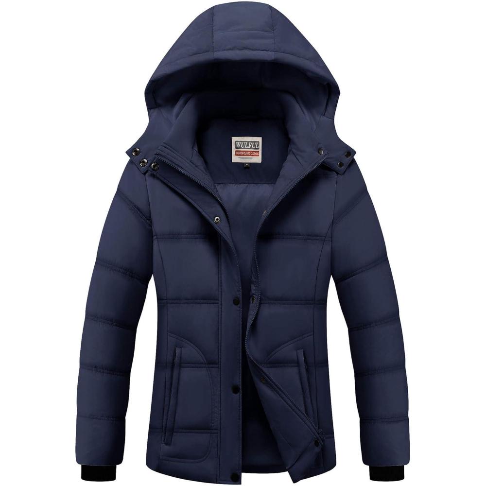 imageWULFUL Womens Winter Coats Lightweight Warm Thicken Puffer Jacket Waterproof Quilted Winter Jackets with Removable HoodNavy