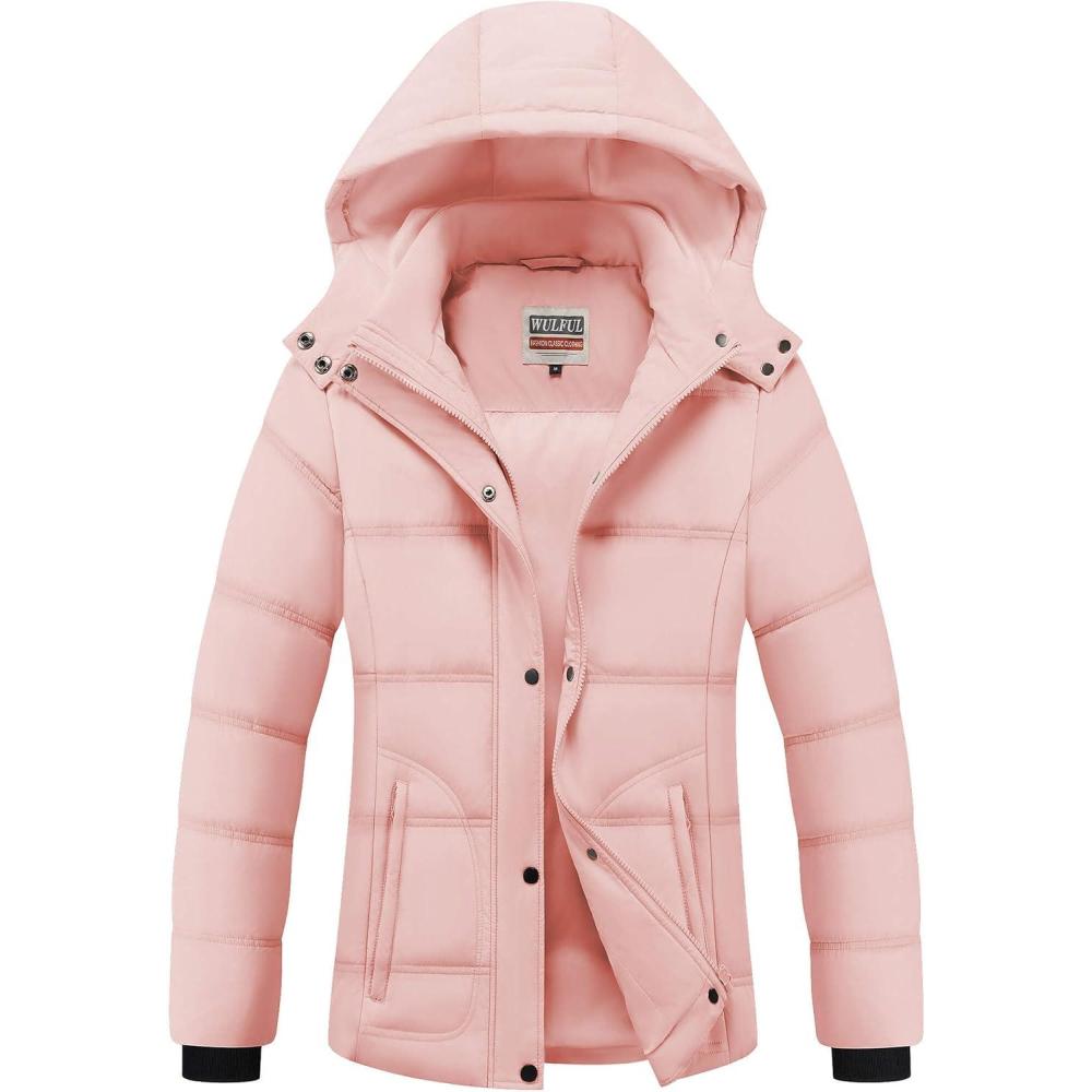 imageWULFUL Womens Winter Coats Lightweight Warm Thicken Puffer Jacket Waterproof Quilted Winter Jackets with Removable HoodPink