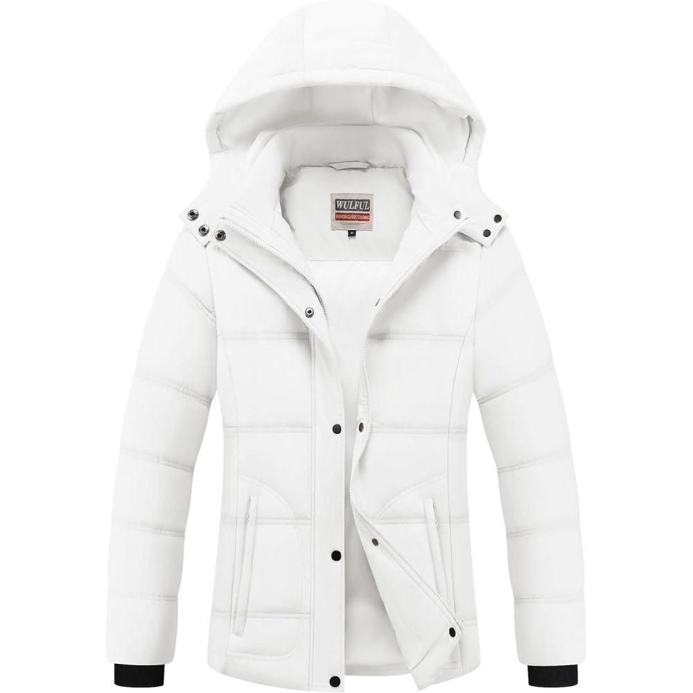 imageWULFUL Womens Winter Coats Lightweight Warm Thicken Puffer Jacket Waterproof Quilted Winter Jackets with Removable HoodWhite