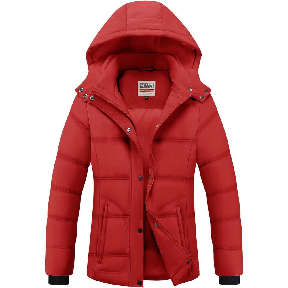 imageWULFUL Womens Winter Coats Lightweight Warm Thicken Puffer Jacket Waterproof Quilted Winter Jackets with Removable HoodWine Red