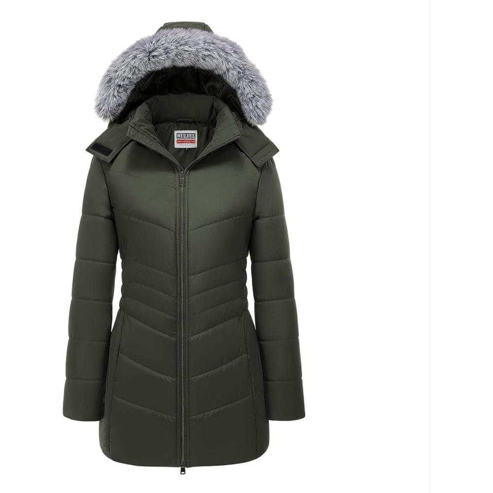imageWULFUL Womens Winter Coats Long Warm Thicken Puffer Jackets Outwear With Removable Fur HoodArmy Green