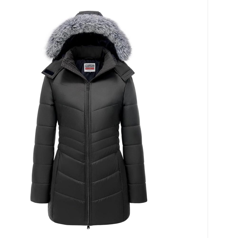 imageWULFUL Womens Winter Coats Long Warm Thicken Puffer Jackets Outwear With Removable Fur HoodBlack