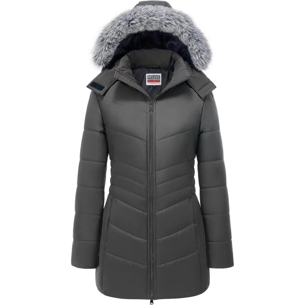 imageWULFUL Womens Winter Coats Long Warm Thicken Puffer Jackets Outwear With Removable Fur HoodDark Grey