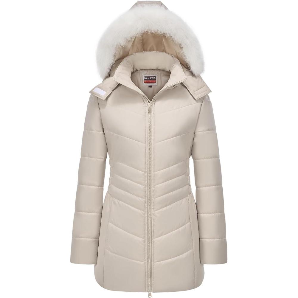 imageWULFUL Womens Winter Coats Long Warm Thicken Puffer Jackets Outwear With Removable Fur HoodKhaki