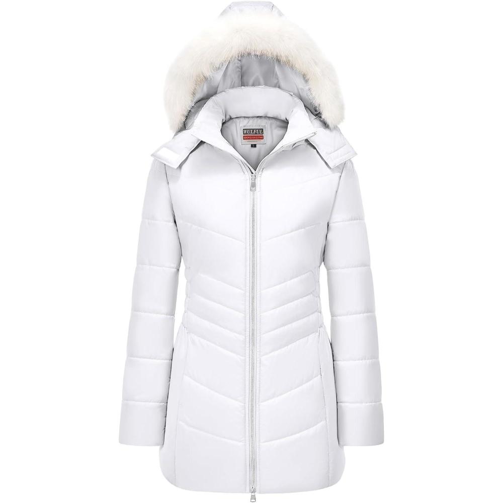 imageWULFUL Womens Winter Coats Long Warm Thicken Puffer Jackets Outwear With Removable Fur HoodWhite