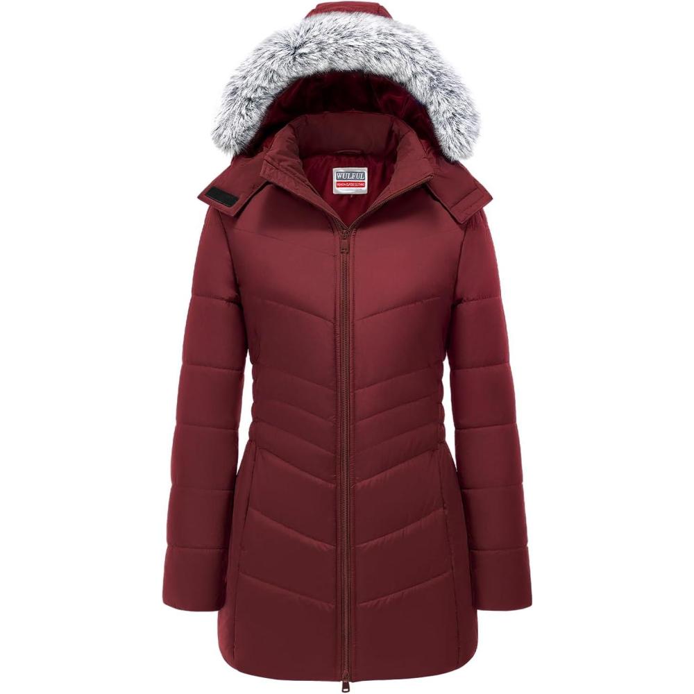 imageWULFUL Womens Winter Coats Long Warm Thicken Puffer Jackets Outwear With Removable Fur HoodWine Red