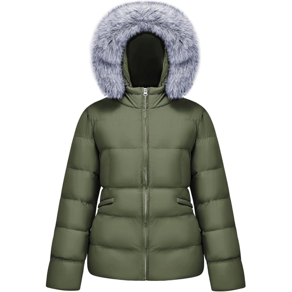 imageWULFUL Womens Winter Coats Warm Lightweight Thicken Puffer Jackets with FauxFur HoodArmy Green