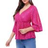 WULFUL Women’s Sequin Tops Sparkly V-Neck Split 3/4 Sleeve Wrap Peplum Top Party Club Night Out Disco Cocktail Shirts(Rose Red)