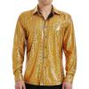 WULFUL Men Dress Shirt Sequins Long Sleeve Button Down Shirt Luxury Disco Party Nightclub Christmas Prom Costume(Gold035)