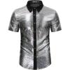WULFUL Men’s Disco Shirt Sequins Short Sleeve Button Down Shirts 70s Party Costume Dress Shirts(Black053)