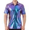 WULFUL Men’s Disco Shirt Sequins Short Sleeve Button Down Shirts 70s Party Costume Dress Shirts(Blue0151)