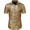 WULFUL Men’s Disco Shirt Sequins Short Sleeve Button Down Shirts 70s Party Costume Dress Shirts(Gold0150)